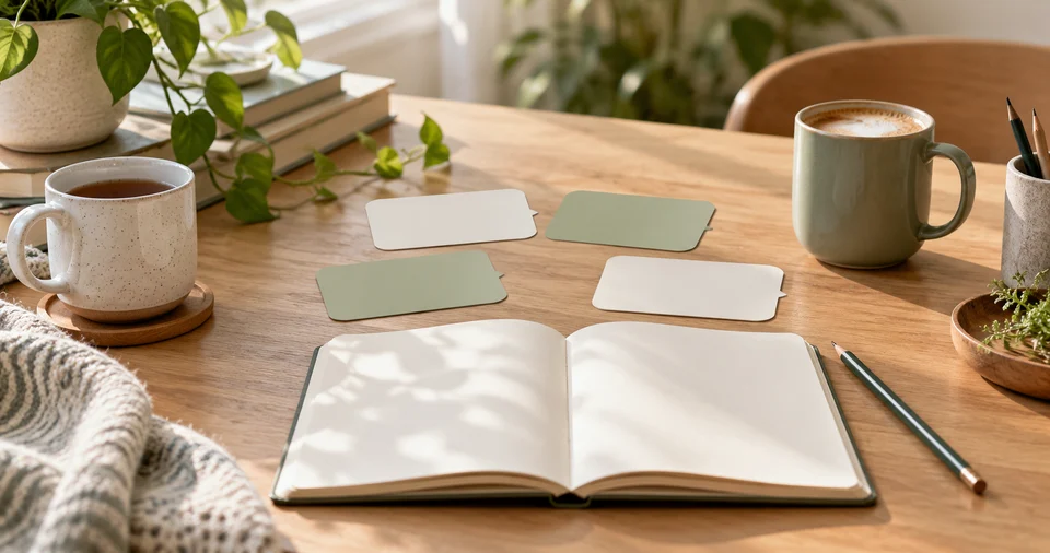 An open notebook and conversation cards on a welcoming desk.
